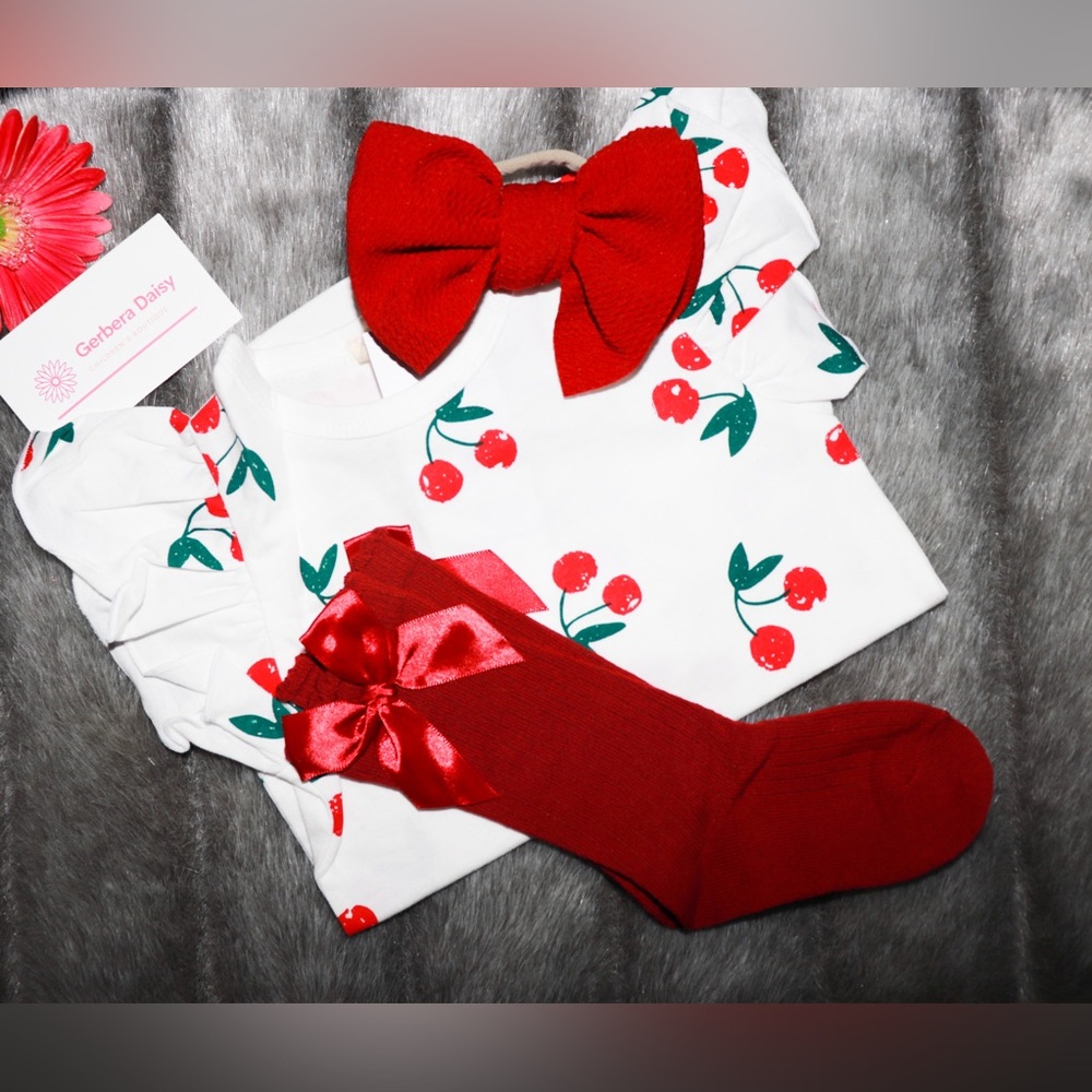 Bundle inludes cherry onsie, red knee length socks, and red bow headband